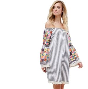 Ali Miles/Asos Glamorous Tall Bardot Dress With Floral Embroidered Sleeves